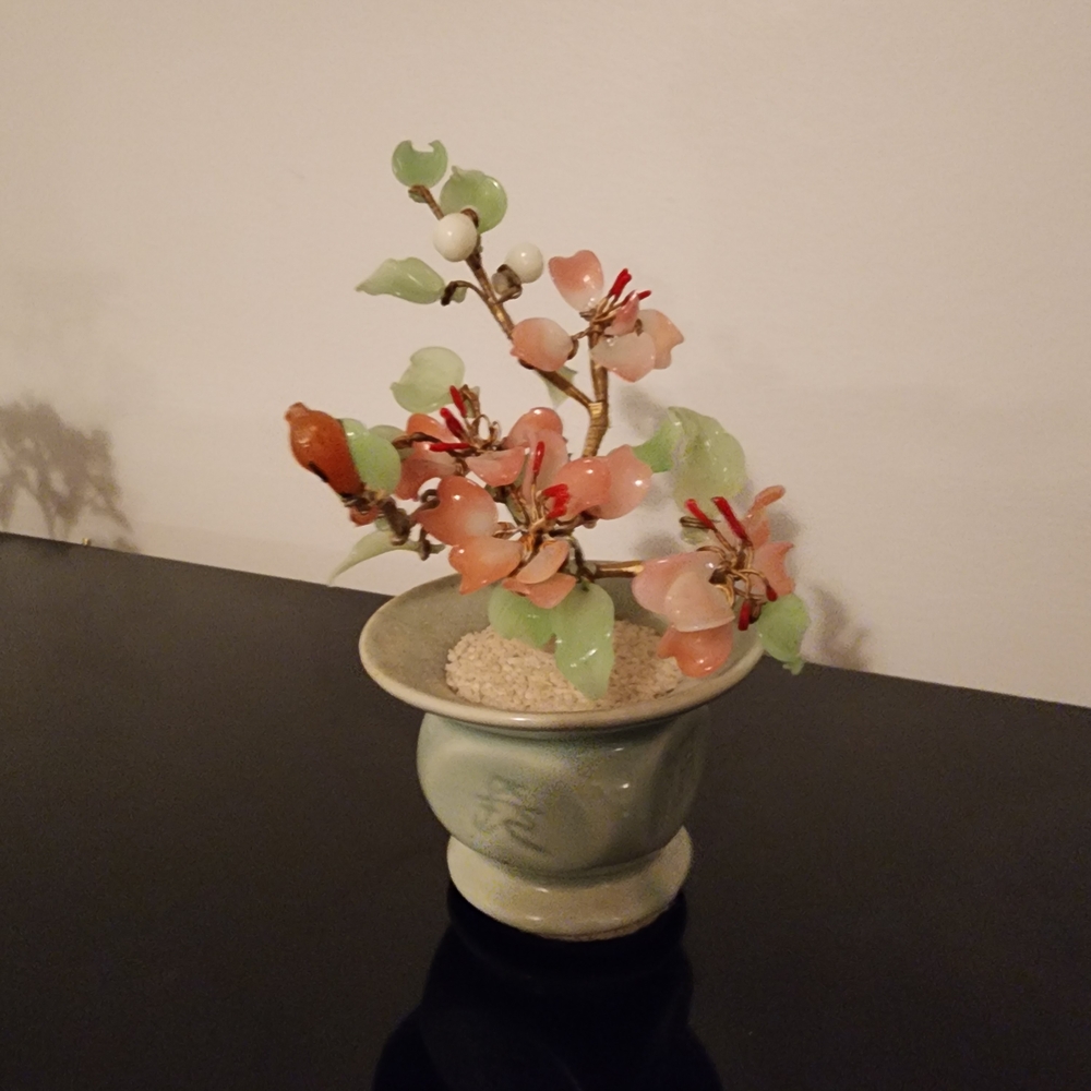 Chinese Floral Glass Jade & Pink  Bonsai Tree in Ceylon Green Pot